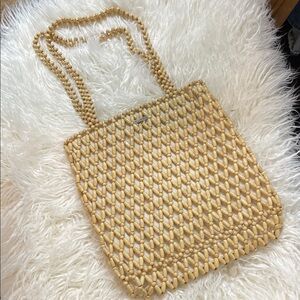 Elegant Tan Woven Beaded Tote Bag
